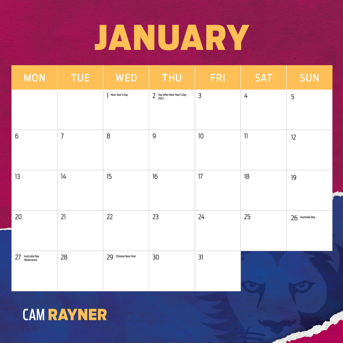 AFL Brisbane Lions 2025 Calendar Paper Pocket