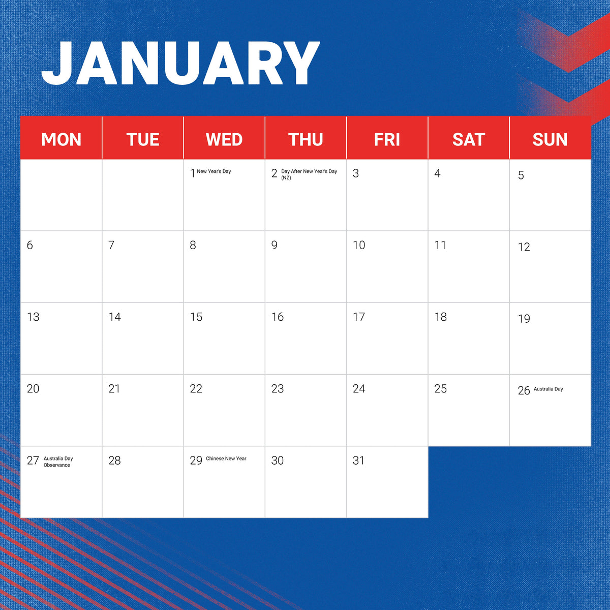 NRL Newcastle Knights 2025 Calendar Paper Pocket