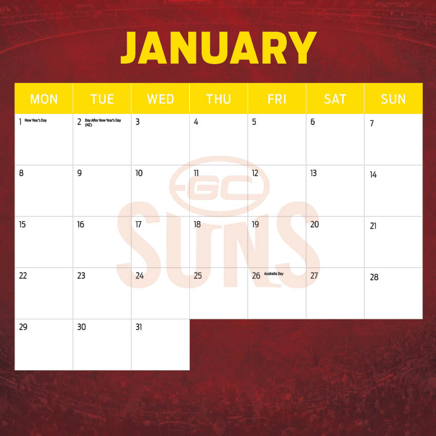 2024 AFL Gold Coast Suns Calendar Paper Pocket