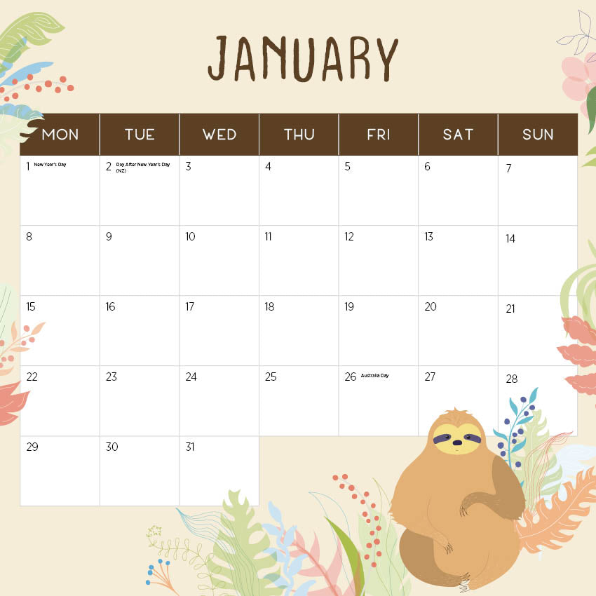 2024 Sloths Calendar Paper Pocket