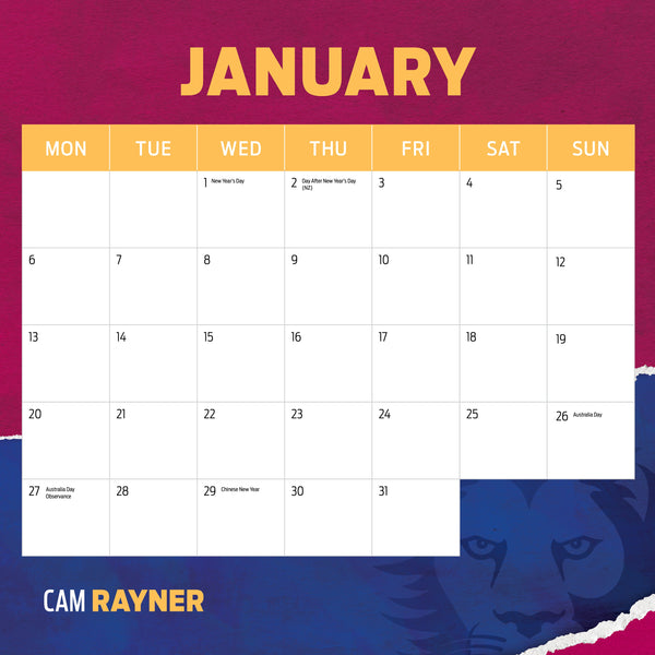 AFL Brisbane Lions Calendar 2025 January