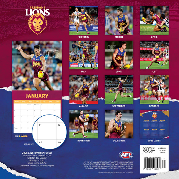 AFL Brisbane Lions Calendar 2025 Monthly Overview