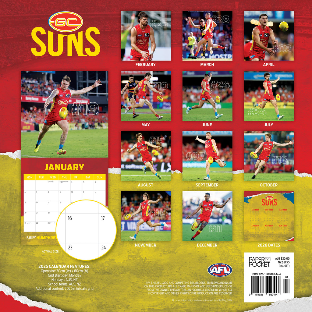 AFL Gold Coast Suns 2025 Calendar Paper Pocket