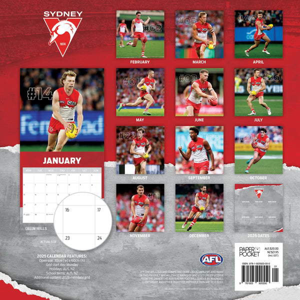 AFL Sydney Swans Calendar 2025 Monthly Overview