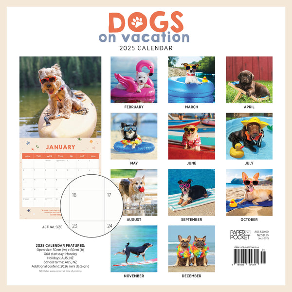 Dogs on Vacation Calendar 2025 Monthly Overview