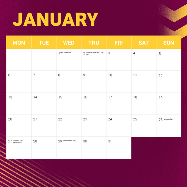 NRL Brisbane Broncos Calendar 2025 January