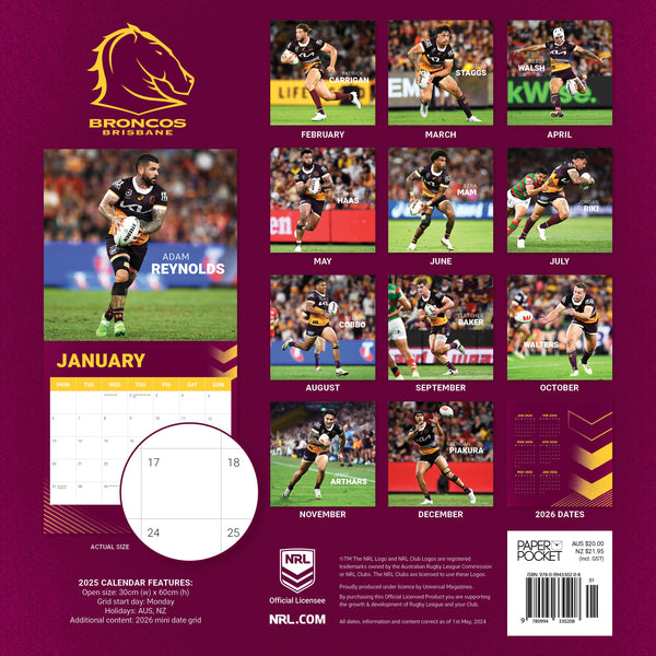 NRL Brisbane Broncos Calendar 2025 Monthly Overview