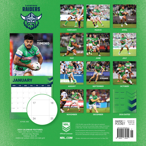 NRL Canberra Raiders Calendar 2025 Monthly Overview