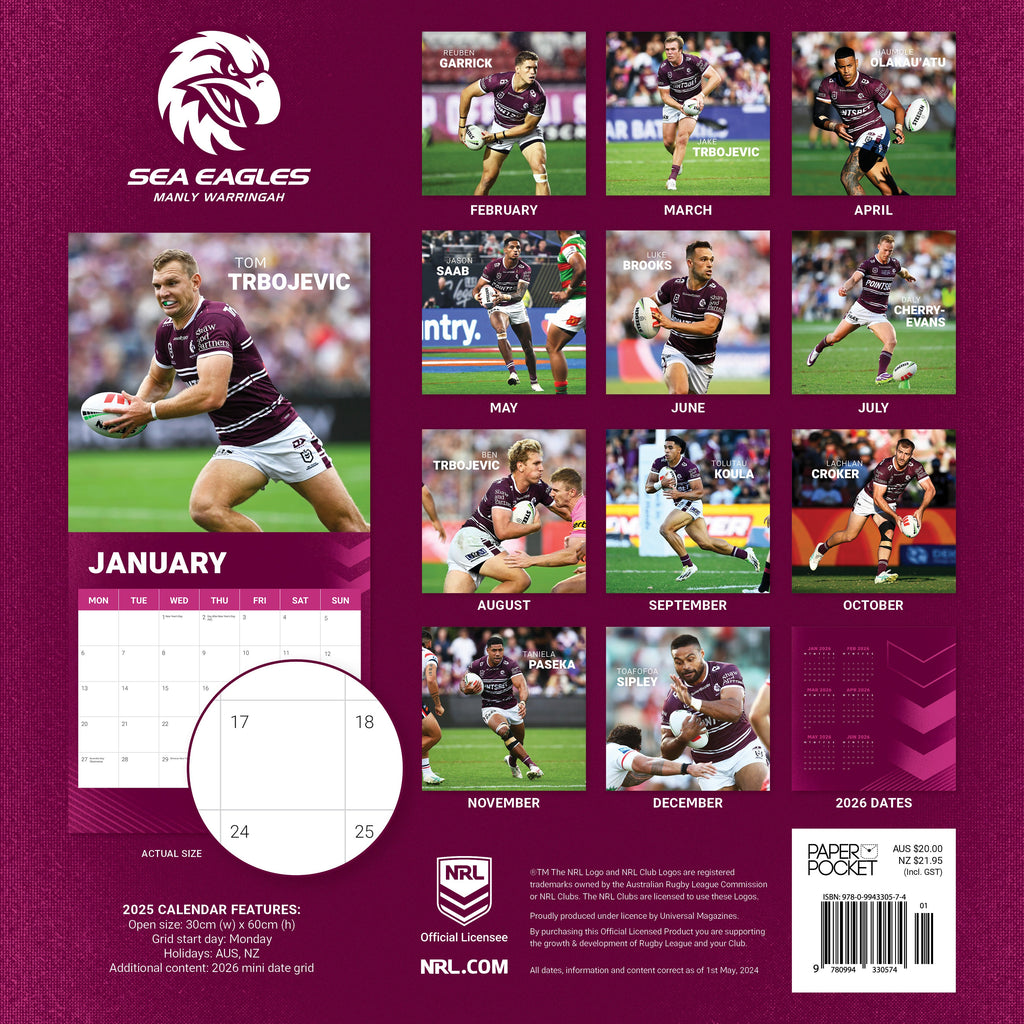 NRL Manly Sea Eagles 2025 Calendar Paper Pocket