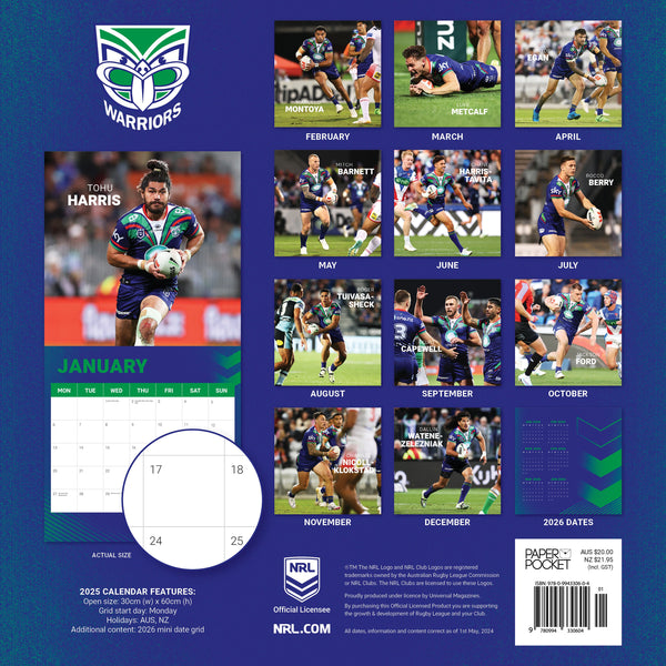 NRL New Zealand Warriors Calendar 2025 Monthly Overview