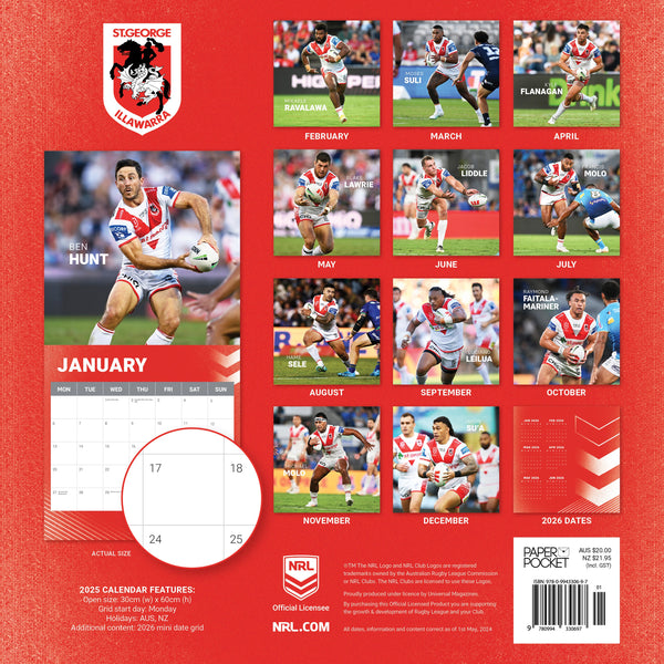 NRL St George Illawarra Dragons Calendar 2025 Monthly Overview