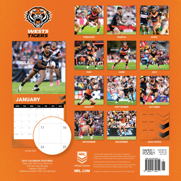 NRL West Tigers Calendar 2025 Monthly Overview