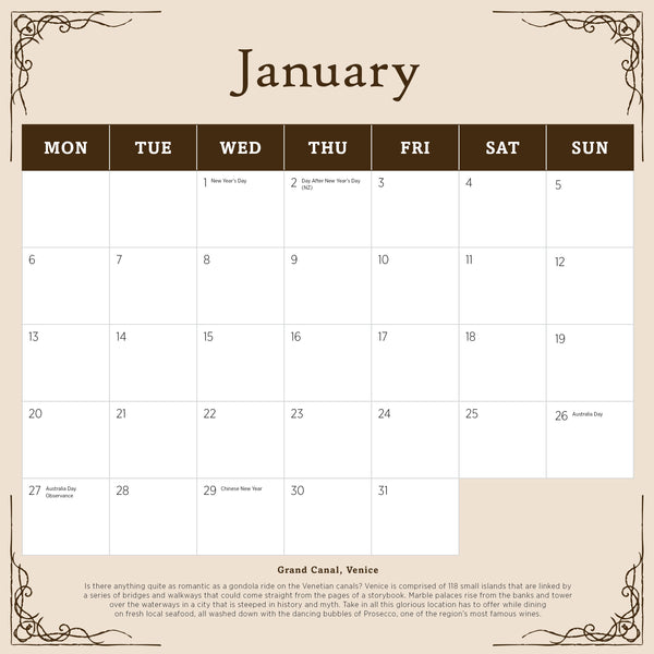 Romantic Italy Calendar 2025 January