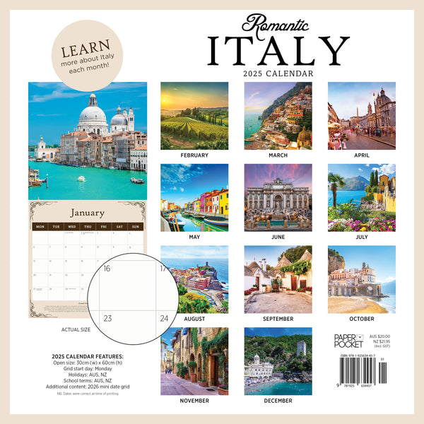 Romantic Italy Calendar 2025 Monthly Overview