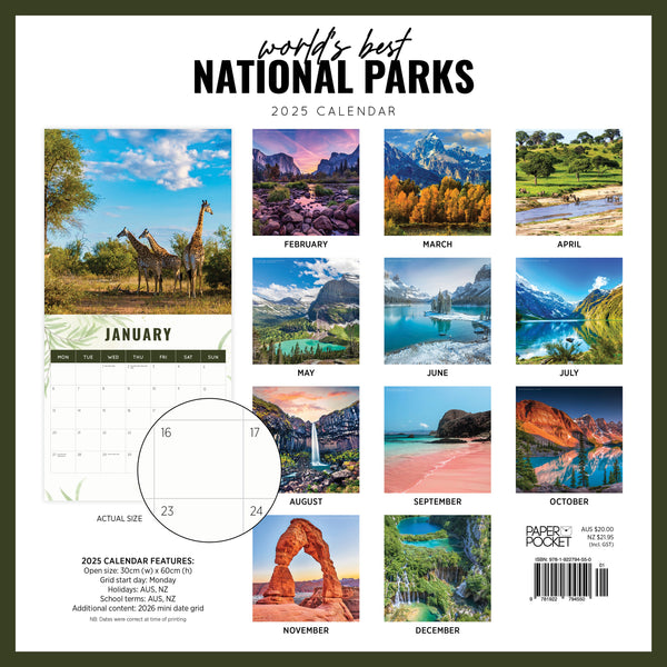 Worlds Best National Parks 2025 Calendar Monthly Overview