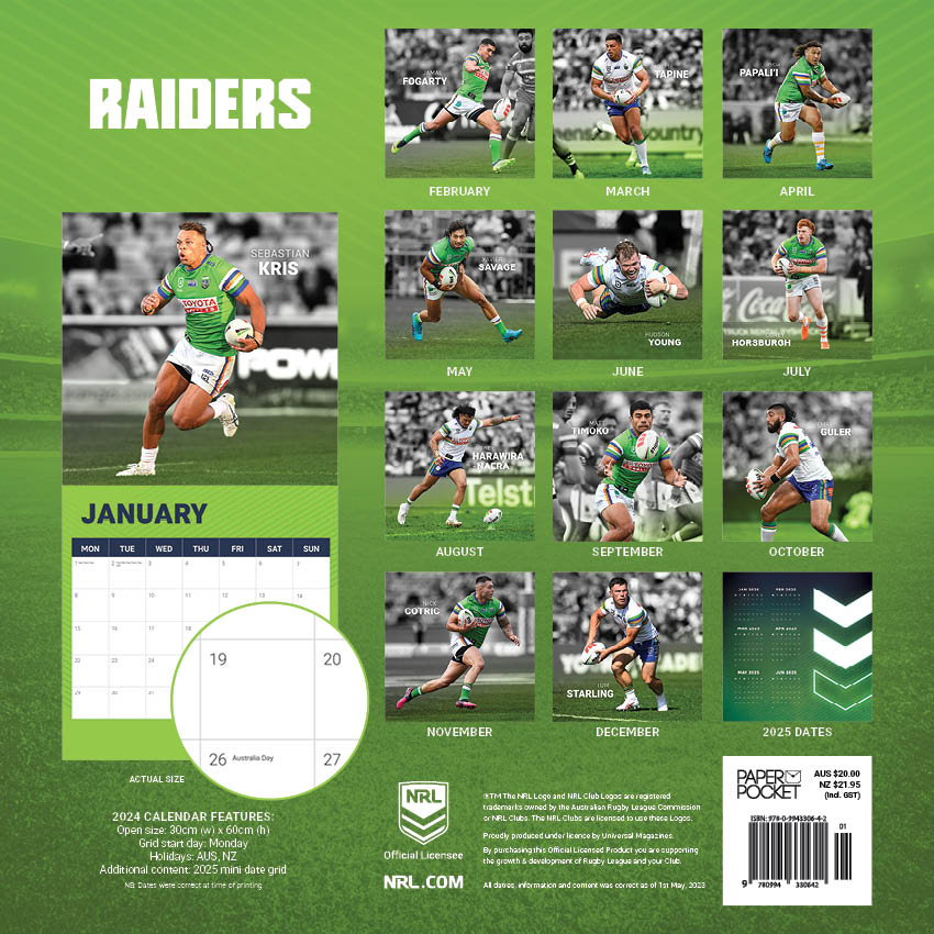 2024 NRL Canberra Raiders Calendar Paper Pocket
